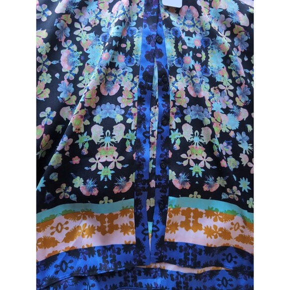 RACHEL ROY L Silky Kimono Blouse Blue & Gold Floral Button Up Collarless Top - Picture 3 of 12